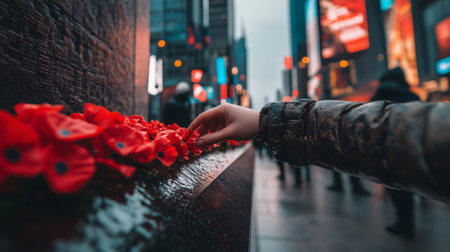 Woman is commemorating memorial day by placing a poppy flower on a monument in times square, new york cityの素材