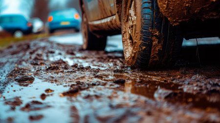 Close up of a muddy tire driving on a muddy road, creating splashes and dirtying the carの素材