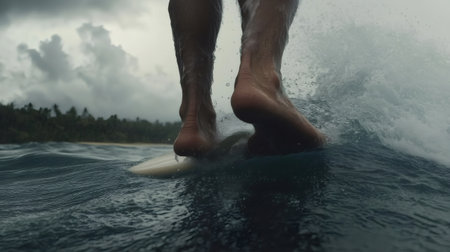 Close up of surfer's feet balancing on surfboard, riding wave in ocean under dramatic cloudy skyの素材