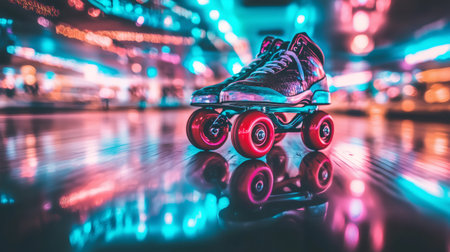 Close up of roller skates reflecting on a rink floor under neon lights, creating a vibrant and nostalgic atmosphereの素材