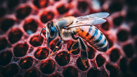 Honey bee is standing on a honeycomb in a beehiveの素材