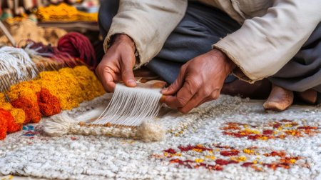 Close up of craftsman's hands working on a loom, creating an intricate carpet with colorful wool threadsの素材