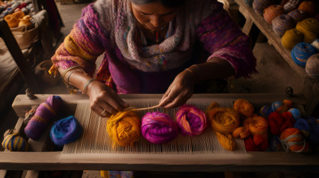 Skilled artisan meticulously weaving vibrant threads, creating a beautiful textile on a traditional wooden loomの素材