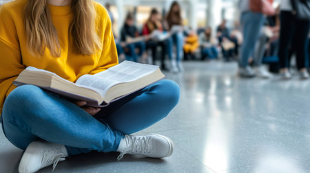 Young student reading a textbook while sitting on the floor in a university hall, education and learning conceptの素材