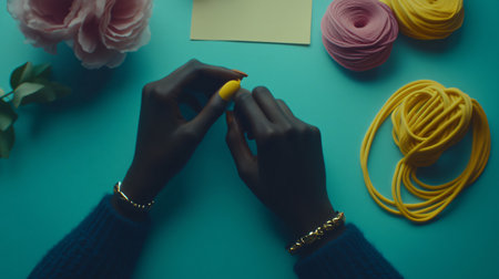 Artist is designing a new product using inspiration from the materials on the tableの素材