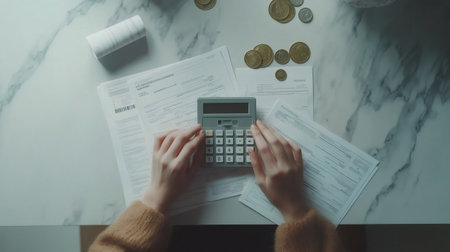 Female accountant calculating taxes and analyzing financial documents and coins at deskの素材