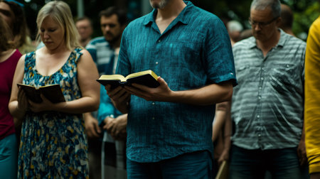 People holding and reading bible during a religious service, praying together outdoorsの素材