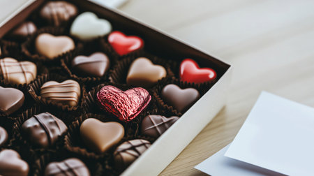 Box of heart shaped chocolates is sitting on a table next to a blank cardの素材