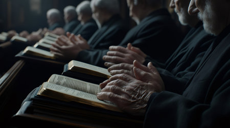 Group of senior priests praying with open hands and holy bible in churchの素材