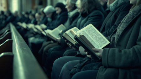 Parishioners reading the bible during sunday service inside a churchの素材