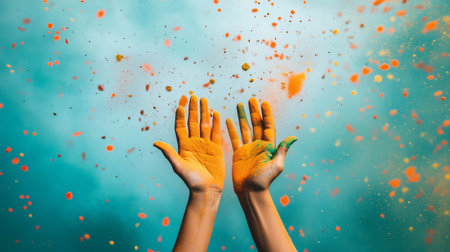 Hands catching colorful powder exploding in the air during holi festival celebrationの素材