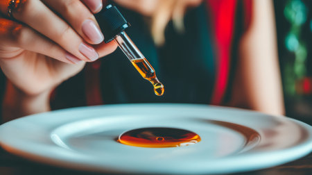 Woman pouring essential oil on a white plate with a dropperの素材