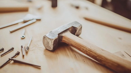 Well used hammer rests on a wooden workbench alongside various screws and other tools, creating a scene of craftsmanship and diy projectsの素材