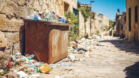 Overflowing rusty garbage container polluting a narrow street in an old town, highlighting waste management issuesの素材
