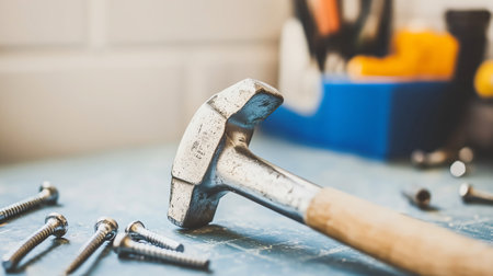 Close up of a well used hammer lying on a cluttered workbench, surrounded by screws and other tools, depicting a diy or construction sceneの素材