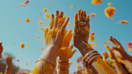 People celebrating throwing yellow powder and flowers in the airの素材