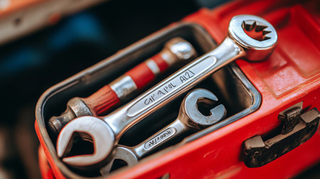 Chrome wrenches and socket set are neatly arranged in a compartment of an open red toolbox, ready for useの素材