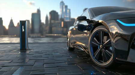 Sleek electric vehicle connected to a charging station against the backdrop of the new york city skyline, symbolizing sustainable urban transportationの素材