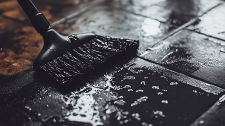Janitor cleaning a wet tile floor using a black mop and soapy waterの素材