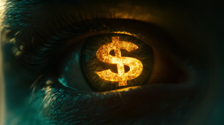 Close up of a human eye with a glowing dollar sign as the pupil, symbolizing the concept of wealth obsessionの素材