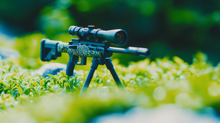 Camouflaged sniper rifle resting on a tripod in a forest setting, ready for actionの素材