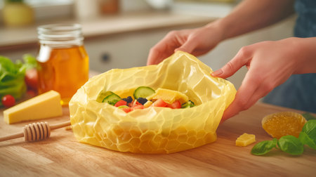 Chef wrapping salad in beeswax wrap, demonstrating an eco friendly food storage solutionの素材