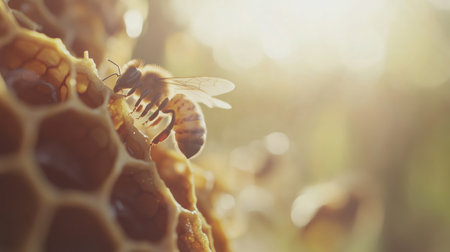 Close up of a honey bee working on a honeycomb, collecting nectar in the golden sunlightの素材