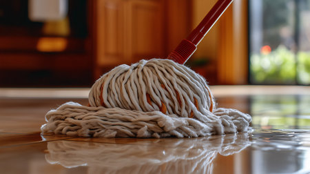 Wet mop cleaning a tiled floor reflecting light in a houseの素材