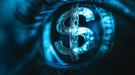 Close up of an eye with a futuristic blue dollar sign reflecting in itの素材