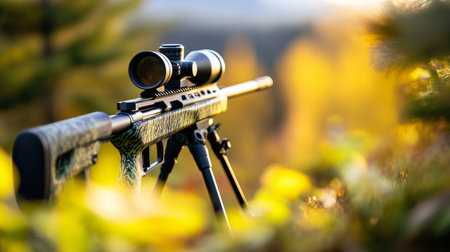 High powered sniper rifle with camouflage pattern and telescopic sight is positioned on a bipod amidst foliage in a forest during autumnの素材