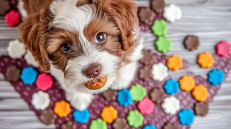 Adorable puppy with a brown and white coat holding a treat in its mouth, surrounded by colorful treats on a textured backgroundの素材