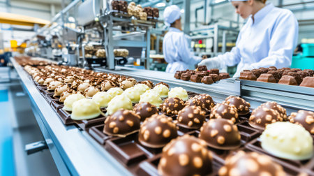 Chocolate pralines moving on a conveyor belt during industrial production in a chocolate factoryの素材