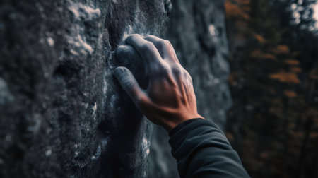 Close up of a climber's chalk covered hand gripping a rock face, showcasing strength, determination, and the thrill of boulderingの素材