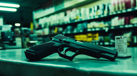 Handgun sits on a metal counter in a gun store, emphasizing the concept of gun ownership and salesの素材