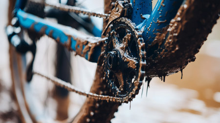 Close up of a muddy mountain bike chainring and crank dripping after a rainy off road cycling adventureの素材