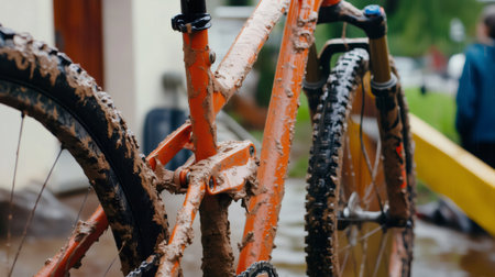 Close up of a muddy orange mountain bike frame and wheels after riding in wet conditionsの素材
