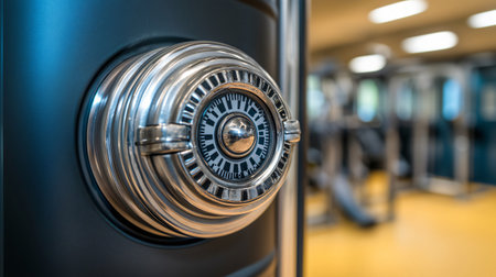 Close up of a combination lock on a locker door, providing security in a gym settingの素材