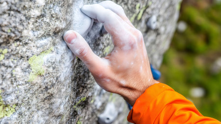 Climber gripping rock climbing hold with chalk covered handの素材