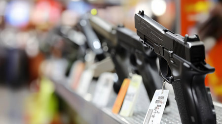 Close up of handguns for sale, displayed on a metal counter in a gun store, representing gun control, sales, and the second amendmentの素材