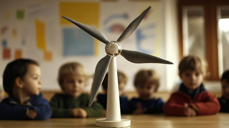 School children learning about sustainable energy and environmental conservation with a miniature wind turbine model in a classroom settingの素材