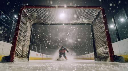 Ice hockey player shooting the puck under heavy snow at nightの素材