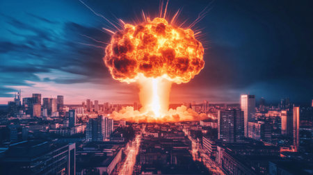 Mushroom cloud rising over city after nuclear explosion, creating dramatic orange and blue glowの素材