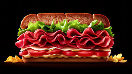 Sandwich with salami, lettuce, tomato, cheese and sauce lying on a black background with chips next to itの素材