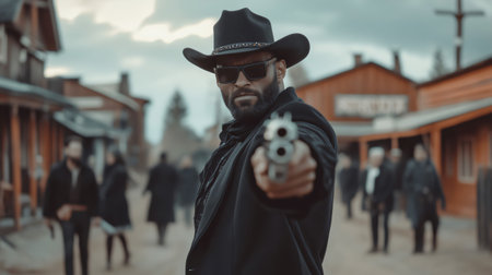 Tough and dangerous gunslinger is challenging someone to a duel in the dusty main street of a far west townの素材