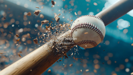 Wooden baseball bat shattering on impact with baseball, creating wood splinters, with blurred stadium in backgroundの素材