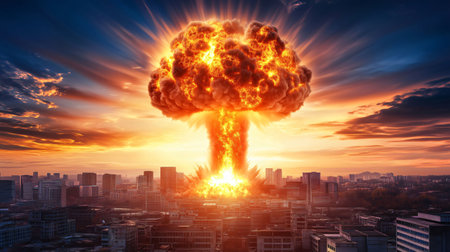 Mushroom cloud rising over city after nuclear explosion, causing destruction and chaos under an apocalyptic skyの素材
