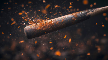 Wooden baseball bat shattering on impact, creating splinters and dust, against a dark backgroundの素材