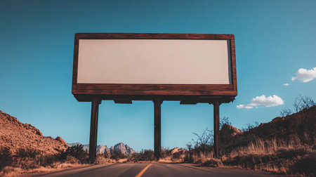 Large blank billboard standing beside a desert road leading to mountains under a vibrant blue sky offers advertising potentialの素材