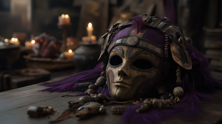 Beautiful venetian mask resting on a table with candles in the background, creating a mysterious and intriguing atmosphereの素材