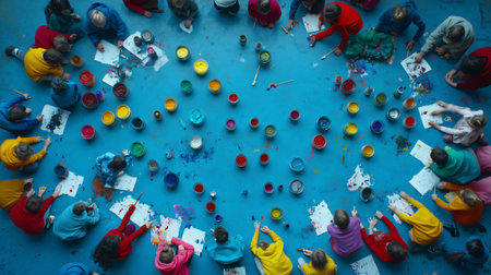 Children engaging in a vibrant and messy painting activity, surrounded by colorful paint cans on a blue floor, fostering creativity and imaginationの素材